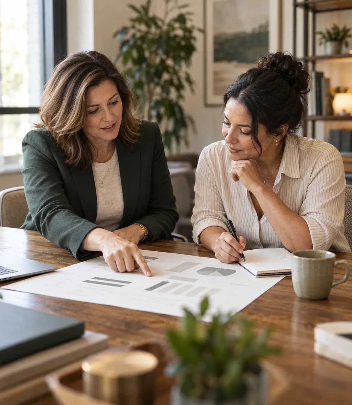 A tax advisor and a business owner reviewing a financial planning sheet together at a conference table