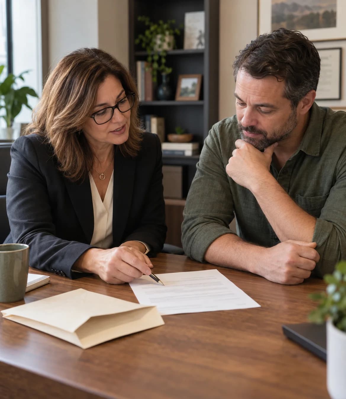 A tax professional calmly reviewing a mailed notice with a business owner at a private office table
