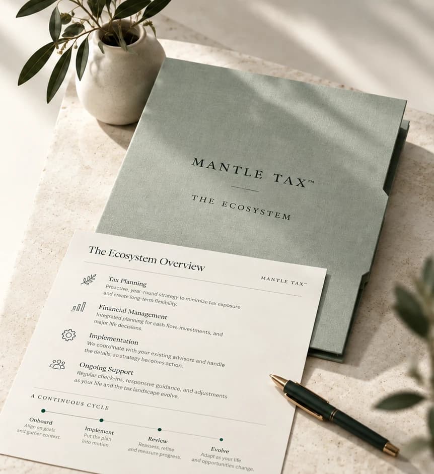 A sage linen folio embossed Mantle Tax™, The Ecosystem, on a stone surface beside a vase of olive branches and a dark green pen. An Ecosystem Overview sheet lies across it, listing tax planning, financial management, implementation and ongoing support, then a continuous cycle of onboard, implement, review and evolve.